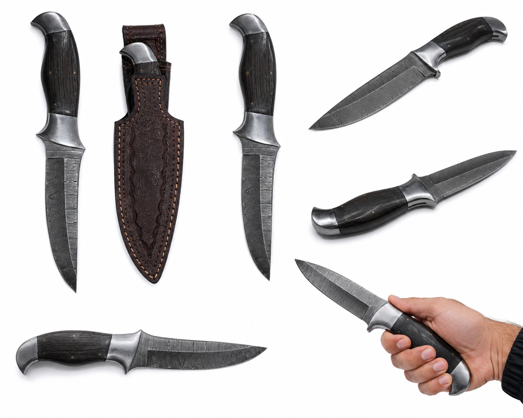 Shadow Hunter Damascus Hunting Knife with Leather Sheath