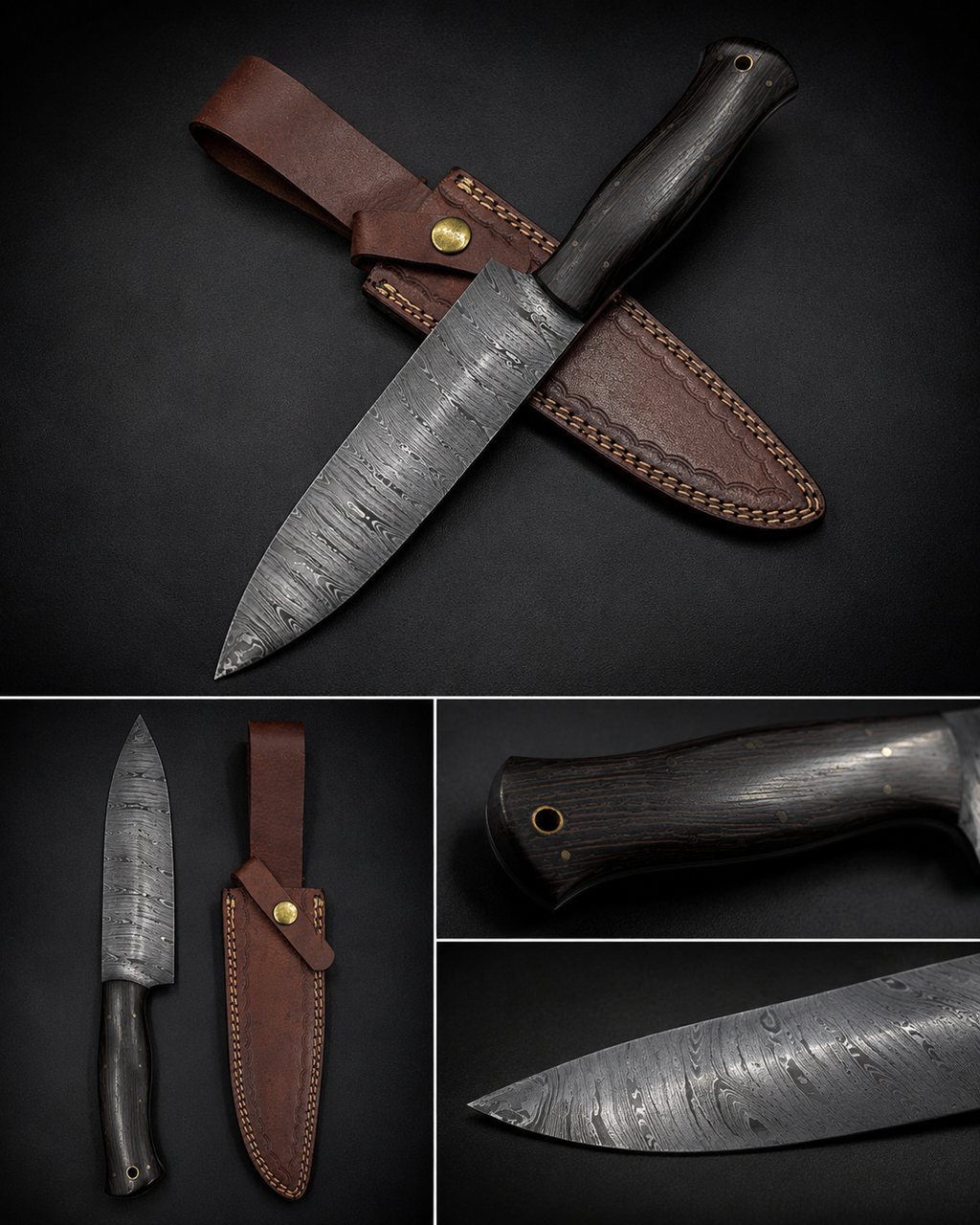 Shadow Edge Damascus Chef Knife with Leather Sheath