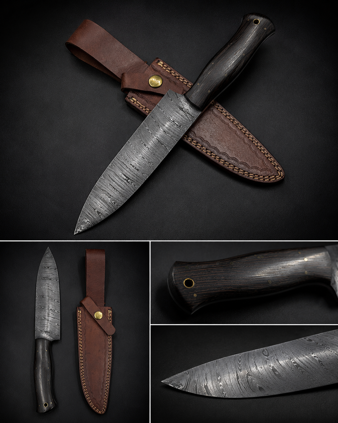 Shadow Edge Damascus Chef Knife with Leather Sheath