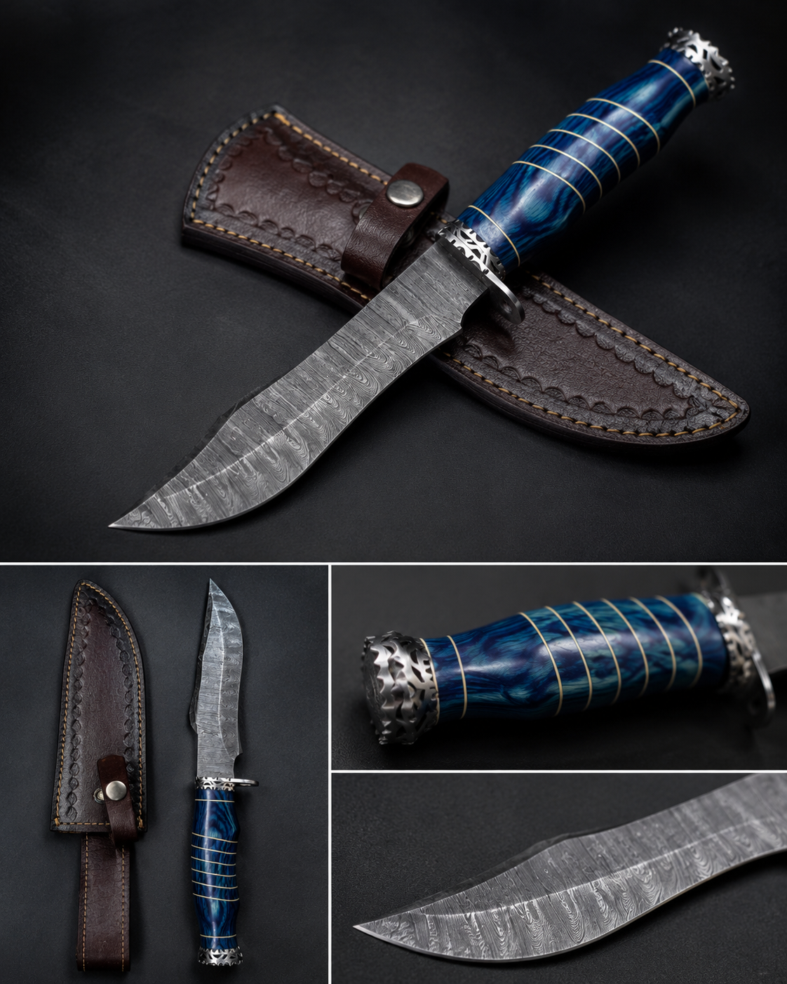 Azure Hunter Damascus Bowie Knife with Leather Sheath