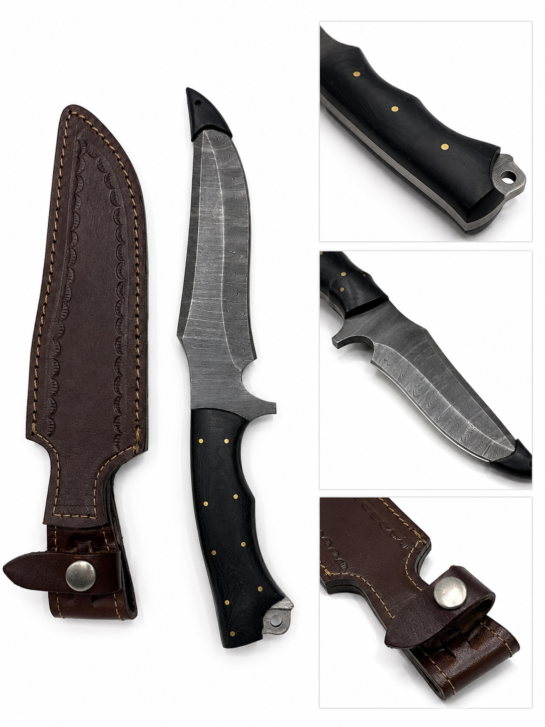Shadow Fang Damascus Hunting Knife with Leather Sheath