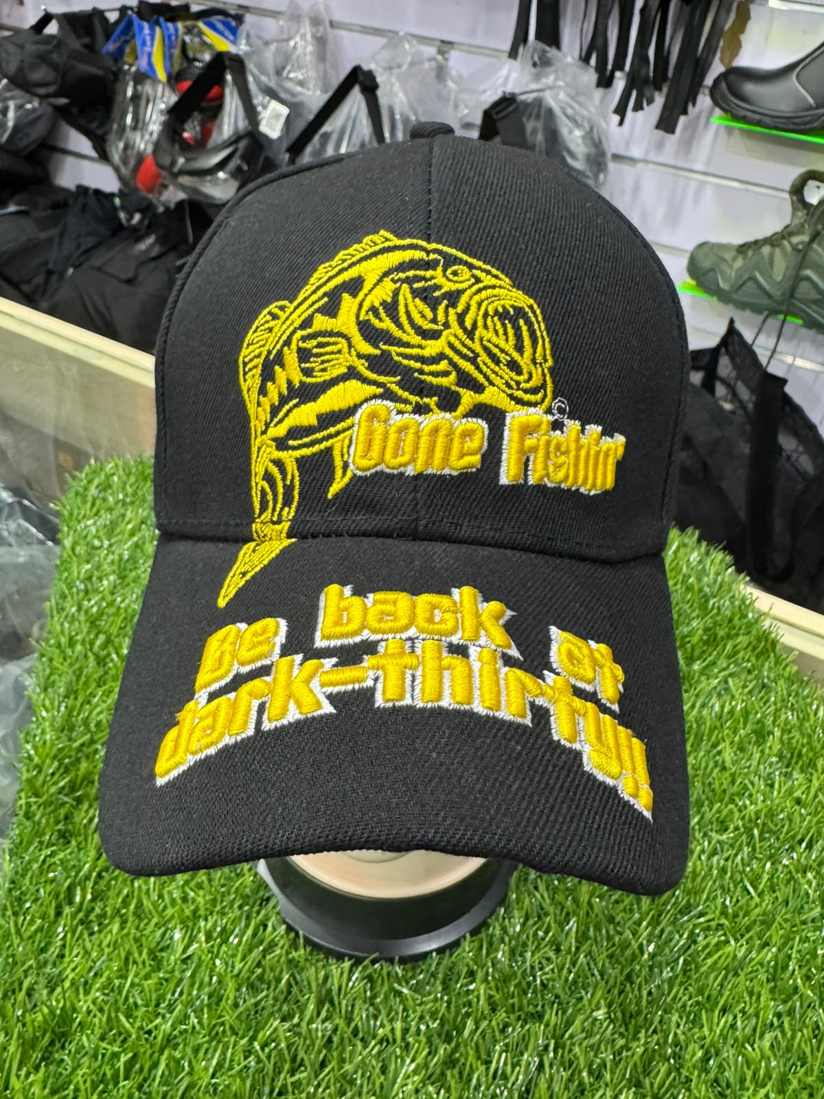 Gone Fishin' Bass Embroidered Cap – Black & Gold