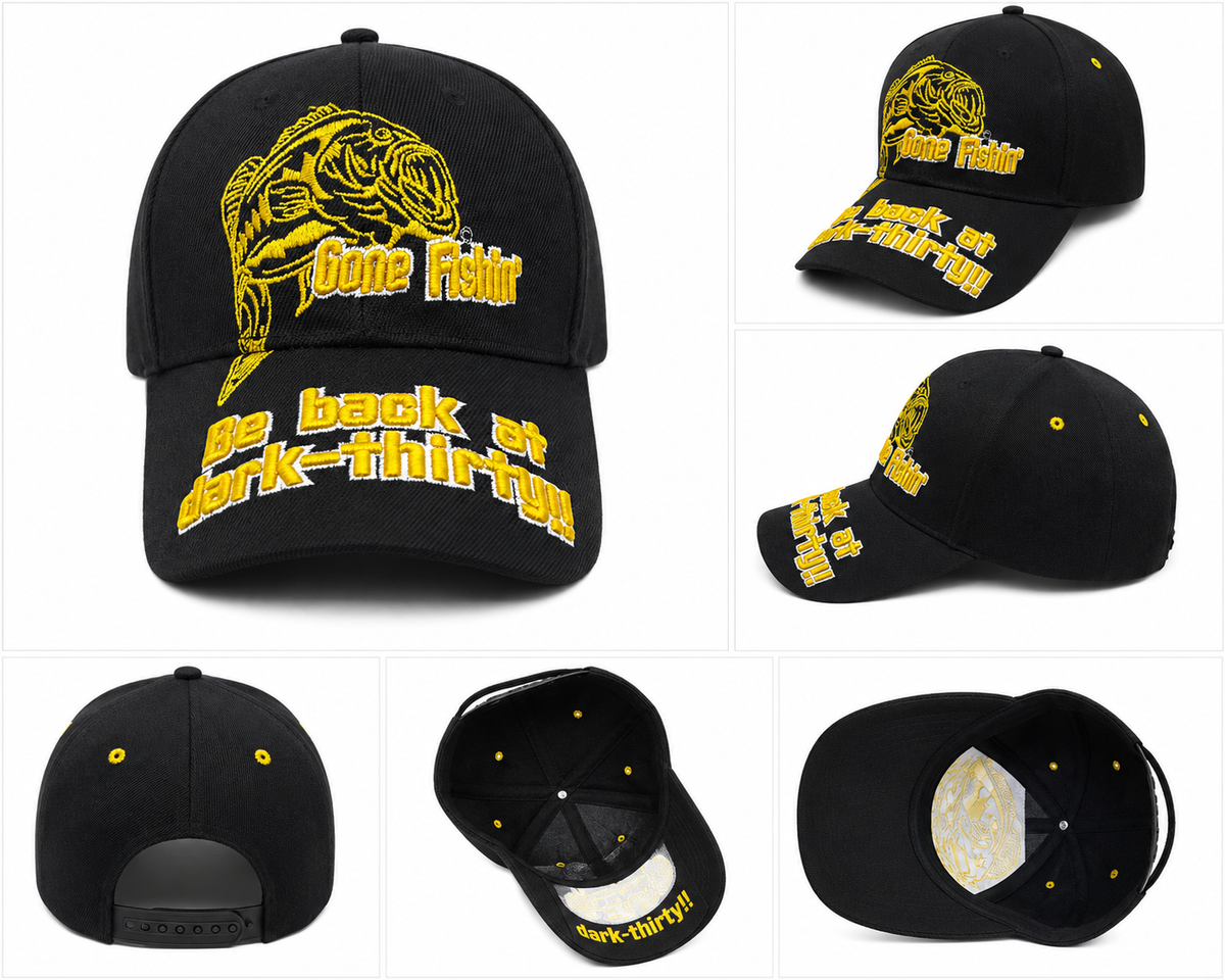 Gone Fishin' Bass Embroidered Cap – Black & Gold