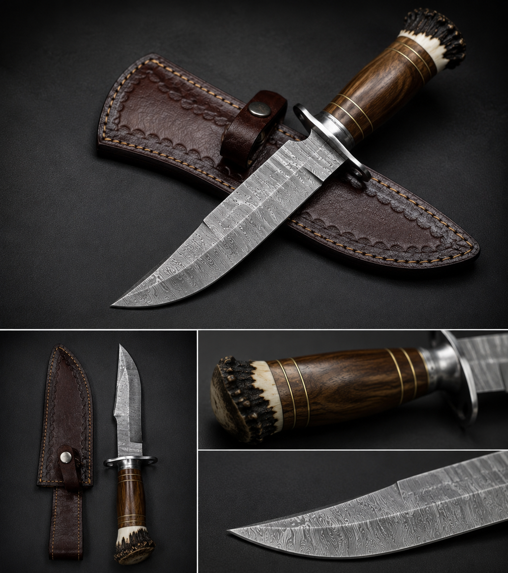 Stag Crown Damascus Hunting Knife with Leather Sheath