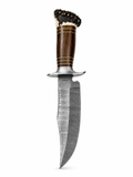 Stag Crown Damascus Hunting Knife with Leather Sheath