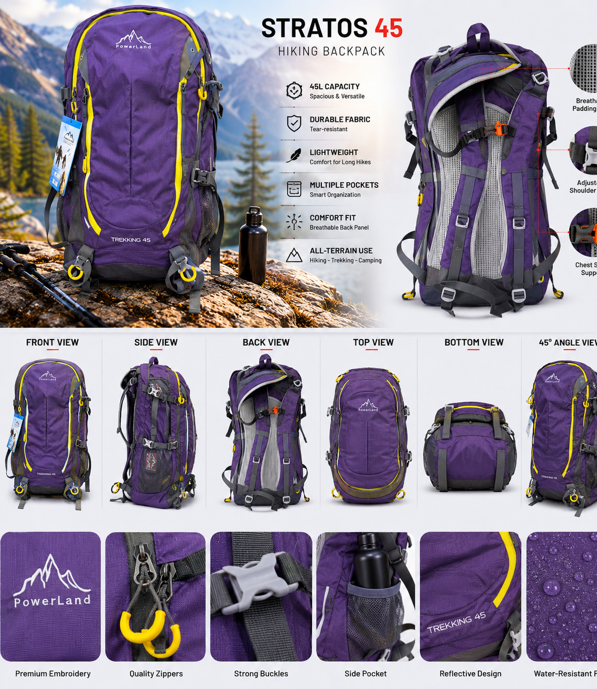 PowerLand Stratos 45 Hiking Backpack - Purple