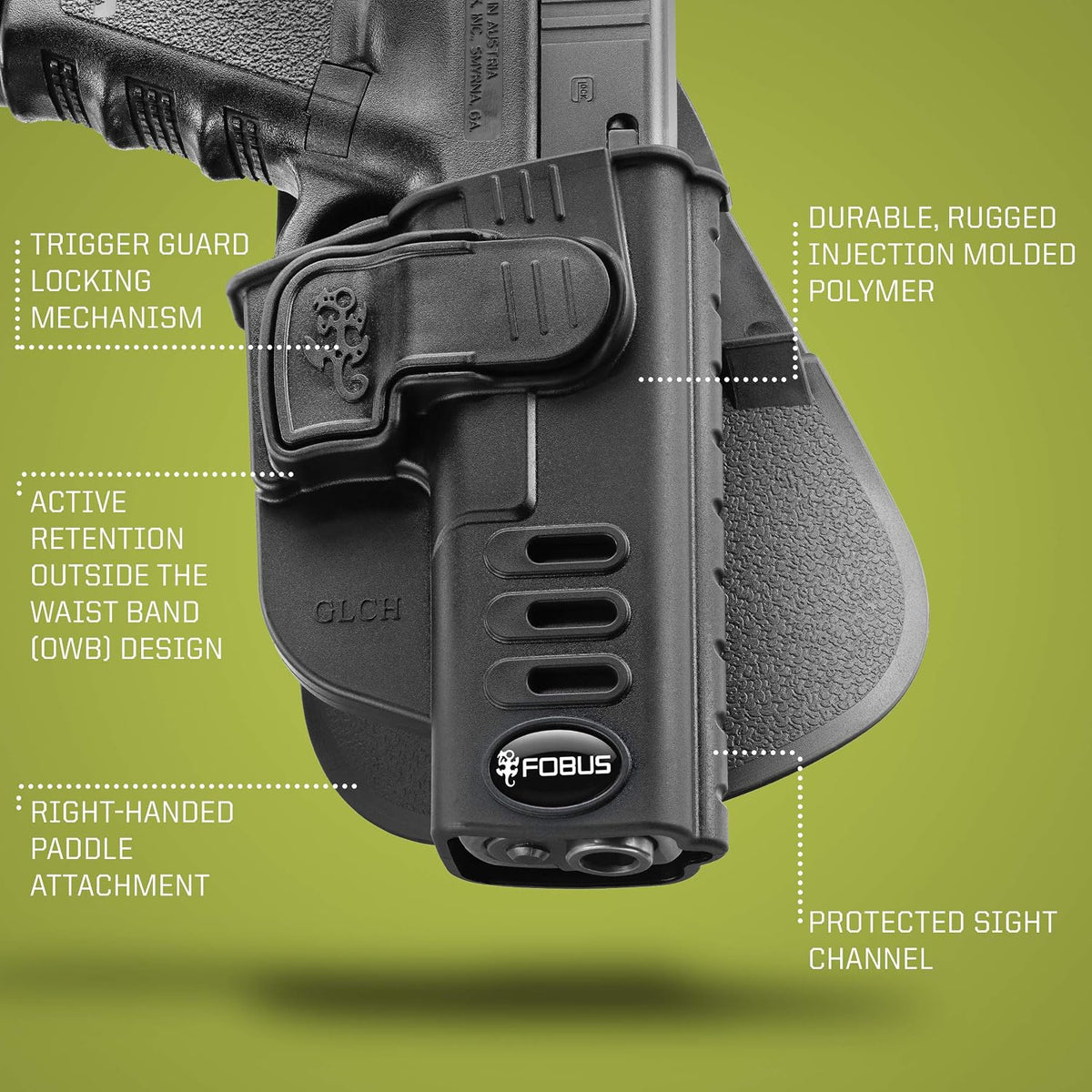 Fobus GLCH Concealed Carry OWB Holster for Glock 17, 19, 22, 23, 31, 32, 34, 35, 45, Active Retention, Right Handed