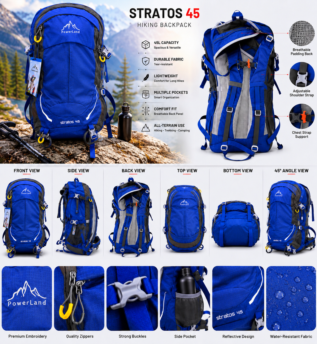 PowerLand Stratos 45 Hiking Backpack - Blue
