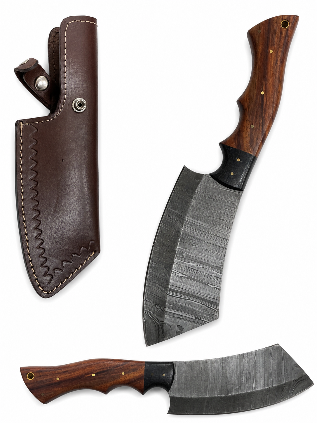 Damascus Cleaver Hunting Knife with Leather Sheath