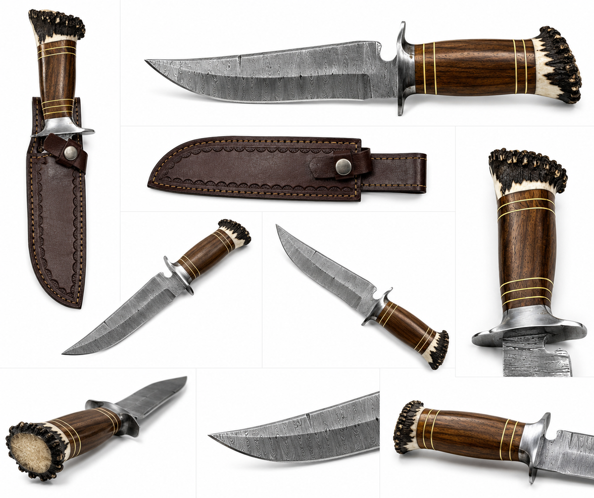 Stag Crown Damascus Hunting Knife with Leather Sheath