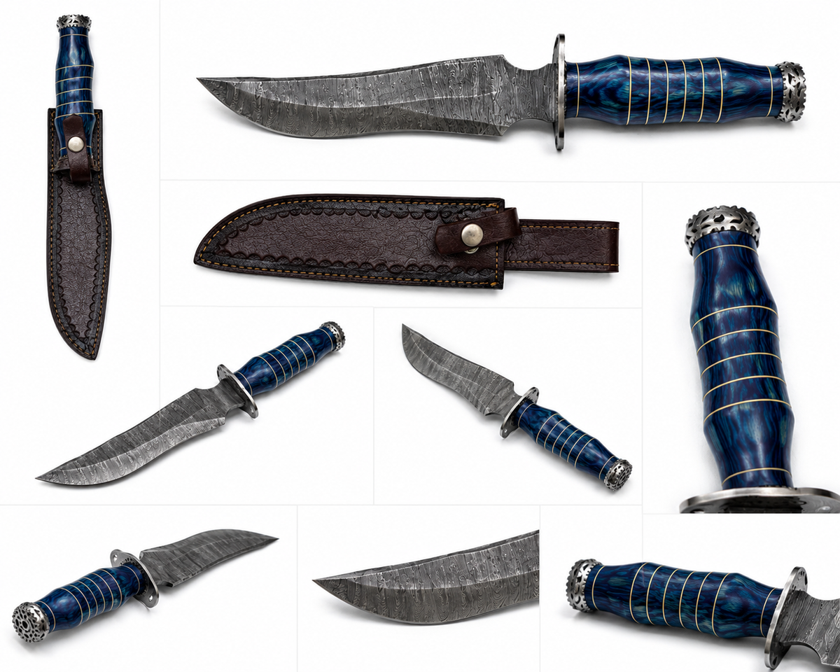 Azure Hunter Damascus Bowie Knife with Leather Sheath
