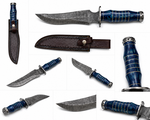 Azure Hunter Damascus Bowie Knife with Leather Sheath